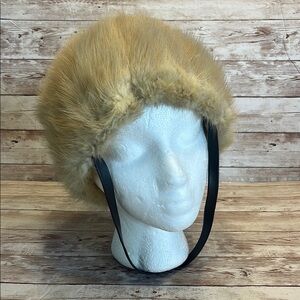 Vintage Blonde Mink Fur Hat with Brown Chin Strap